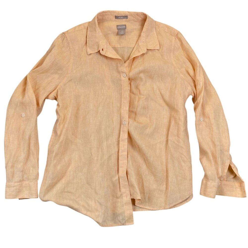 Chicos Woman's 100% Linen Shirt 14 Long Sleeve Button-Up No Iron Peach